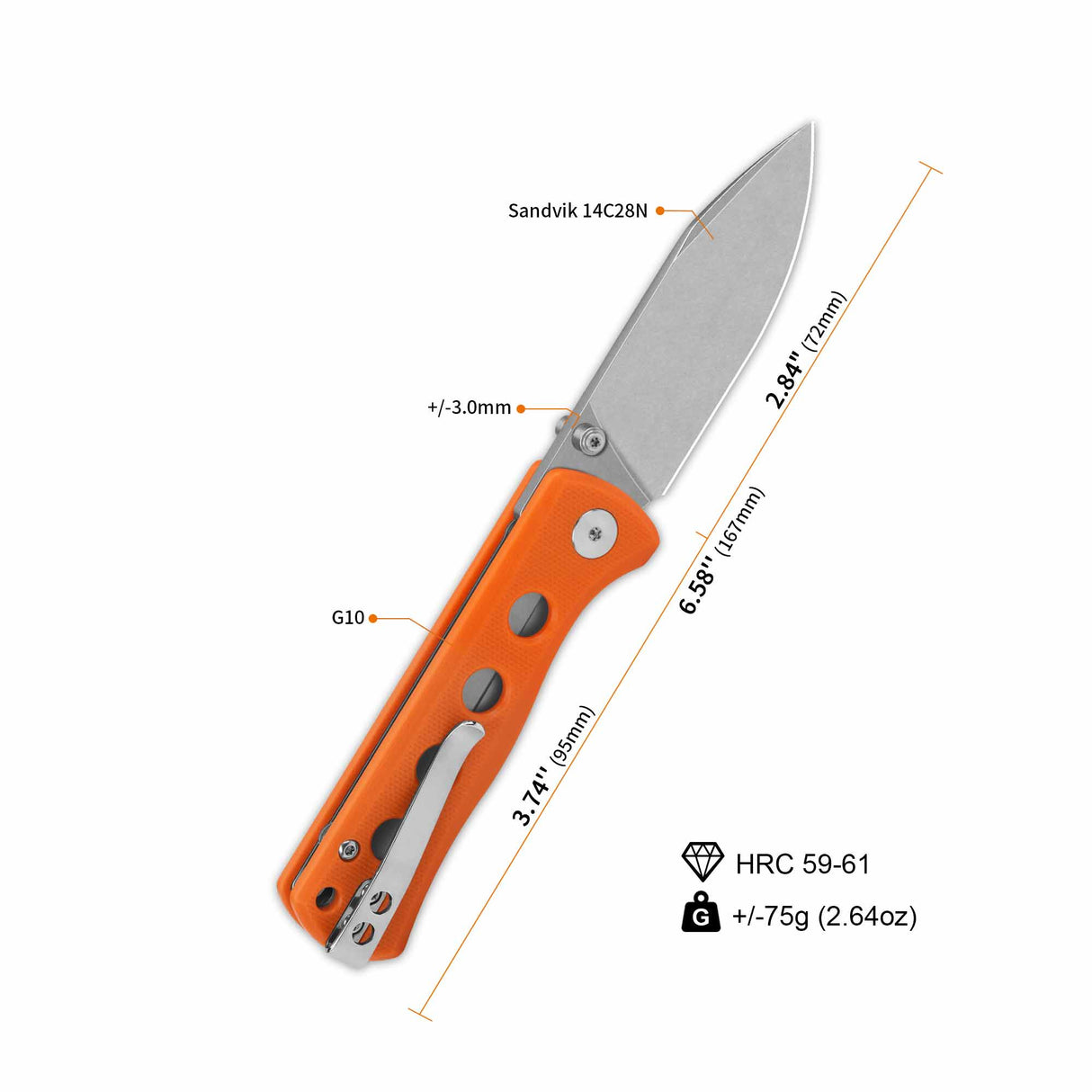 QSP Canary pocket knife with orange G10 handle and spear point blade dimensions