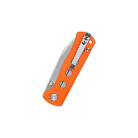 Compact QSP Canary folder pocket knife with orange G10 handle and stainless steel clip