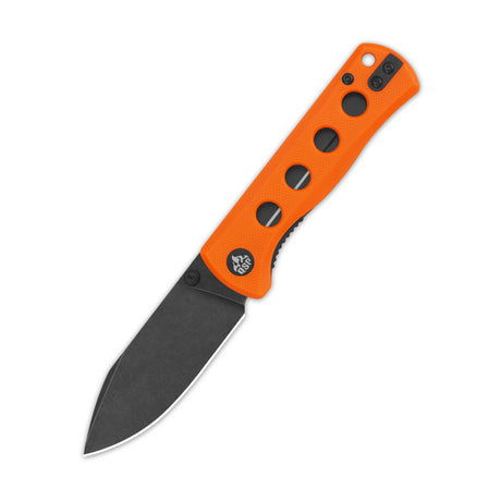 QSP Canary pocket knife with orange G10 handle and black-coated 14C28N blade.