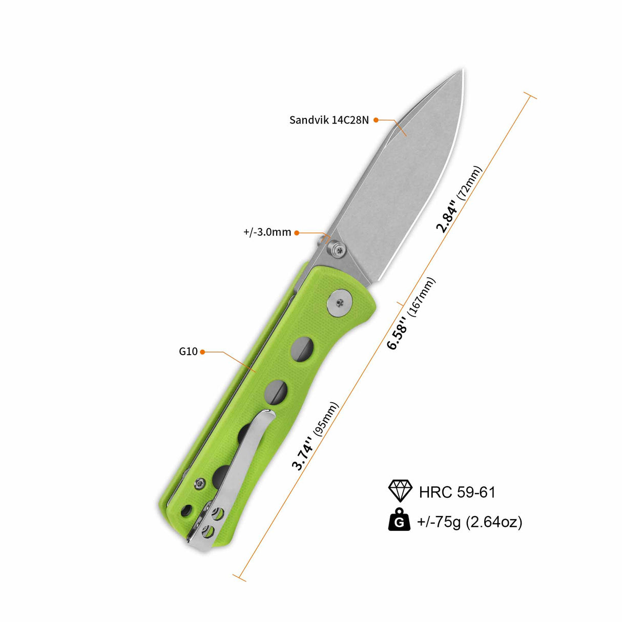 QSP Canary pocket knife with neon G10 handle and spear point blade.