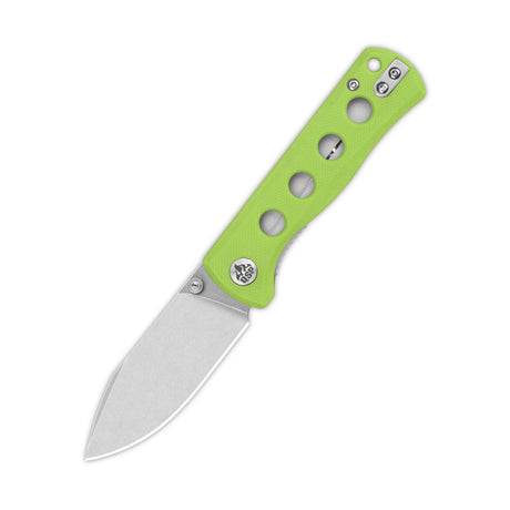 QSP Canary pocket knife with neon green G10 handle and 14C28N blade.