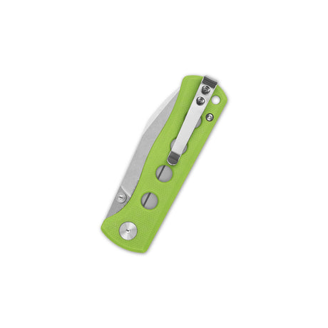 Canary pocket knife with vibrant green G10 handle and 14C28N blade.