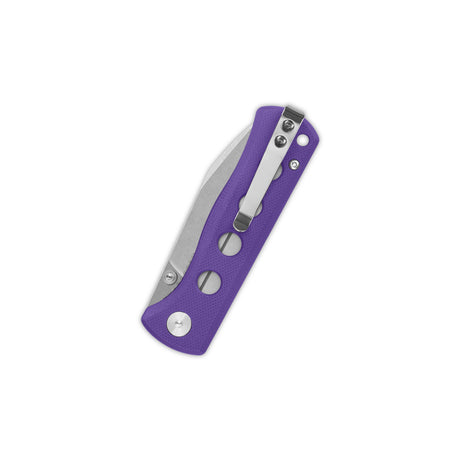 QSP Canary pocket knife with purple handle and stainless steel clip