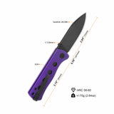 QSP Canary folder knife with black Sandvik 14C28N blade and purple G10 handle dimensions