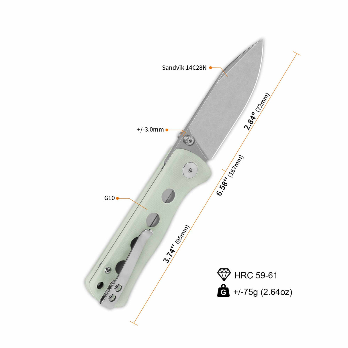 QSP Canary Folder knife with jade G10 handle and 14C28N spear point blade