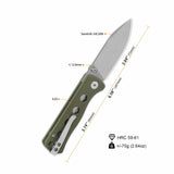 QSP Canary pocket knife with 14C28N blade and olive green G10 handle dimensions