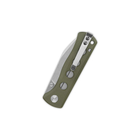 QSP Canary pocket knife with olive green G10 handle and stainless steel clip