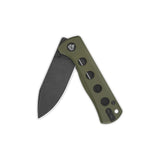QSP Canary pocket knife with olive G10 handle and 14C28N blade, partially open.