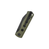 QSP Canary pocket knife with olive green G10 handle and stainless steel clip closed.