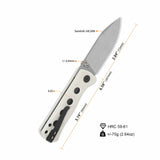 Dimensions of QSP Canary pocket knife with 14C28N blade and white G10 handle.