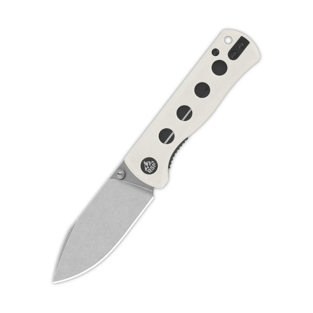 QSP Canary folding knife with white G10 handle and 14C28N spear point blade.