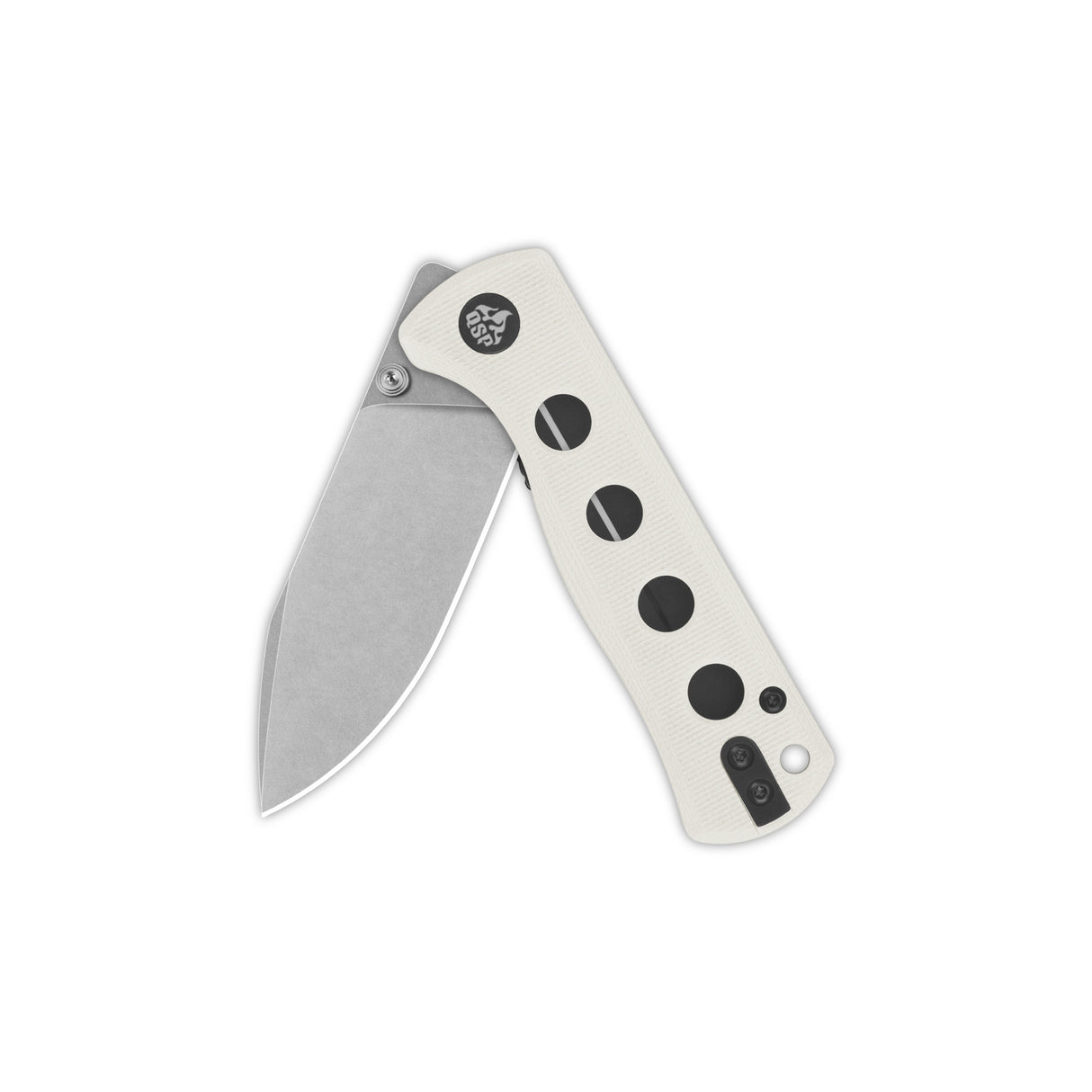 QSP Canary pocket knife with white G10 handle and 14C28N blade opened
