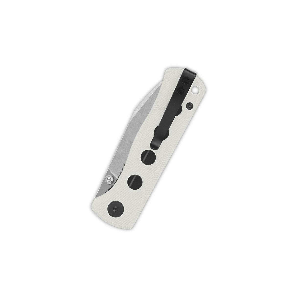 Close-up of QSP Canary pocket knife with white G10 handle and black clip.