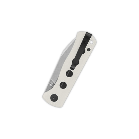 Close-up of QSP Canary pocket knife with white G10 handle and black clip.