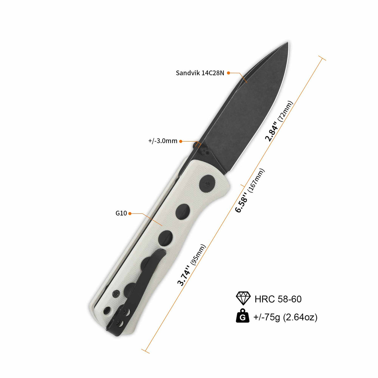 Dimensions of QSP Canary knife with black-coated 14C28N blade and white G10 handle.