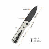 Dimensions of QSP Canary knife with black-coated 14C28N blade and white G10 handle.