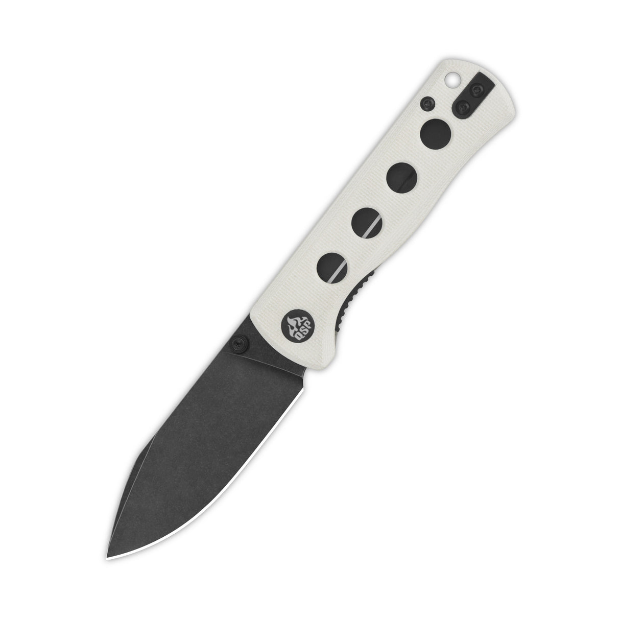 QSP Canary pocket knife with white G10 handle and black-coated 14C28N blade.