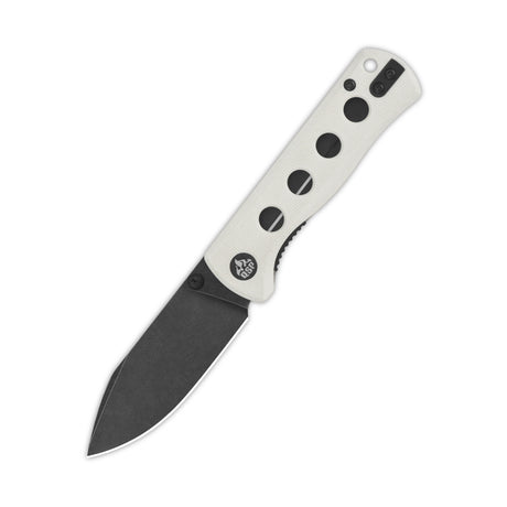 QSP Canary pocket knife with white G10 handle and black-coated 14C28N blade.