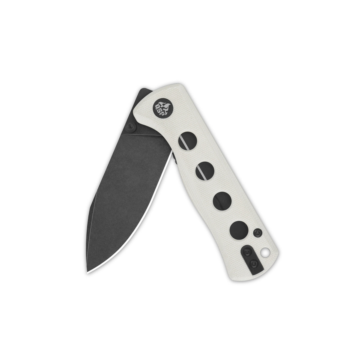 QSP Canary folding knife with black blade and white G10 handle, closed position.