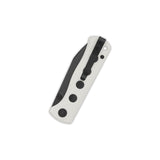 QSP Canary pocket knife with white G10 handle and ceramic ball bearing mechanism.