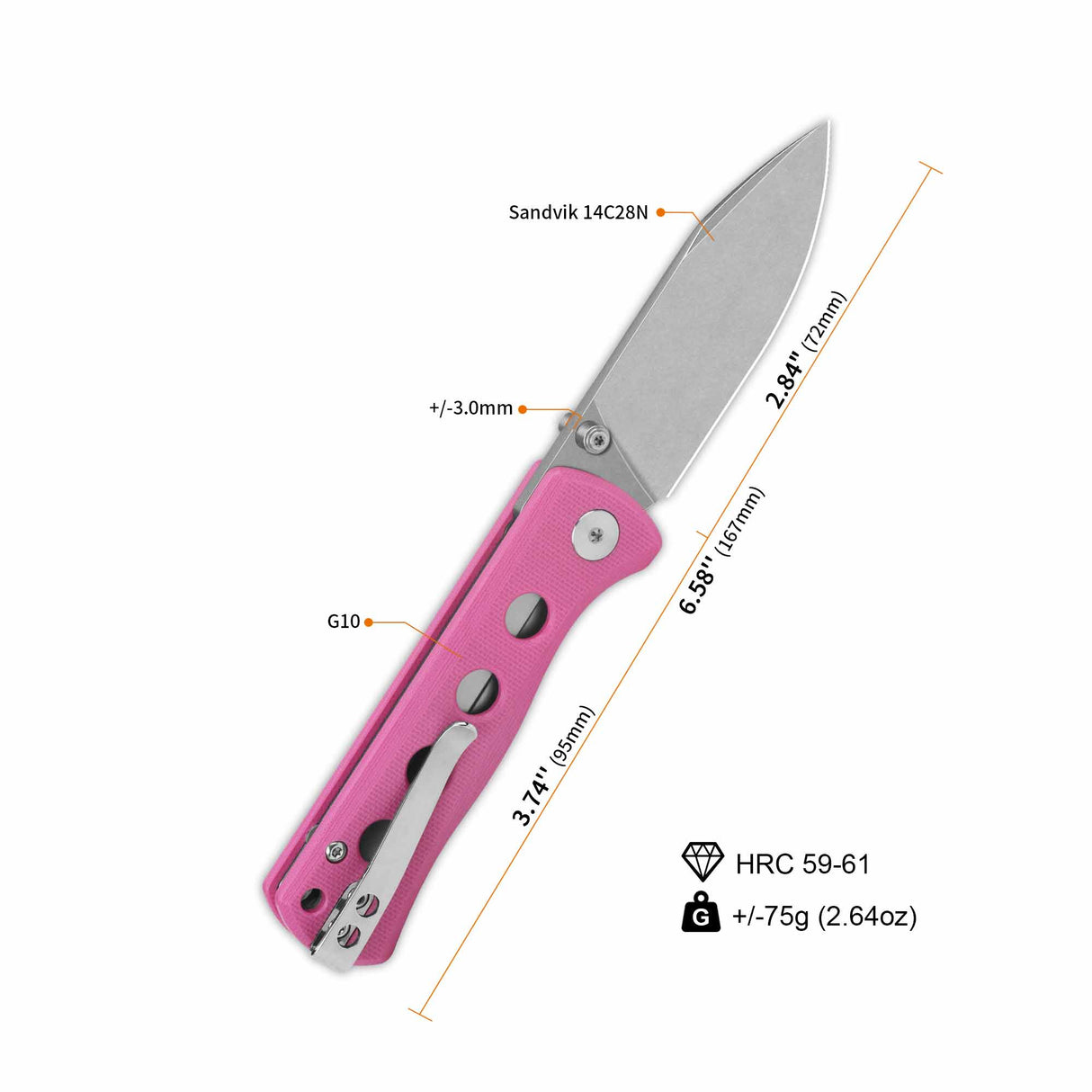 QSP Canary pocket knife with pink G10 handle and 14C28N spear point blade dimensions