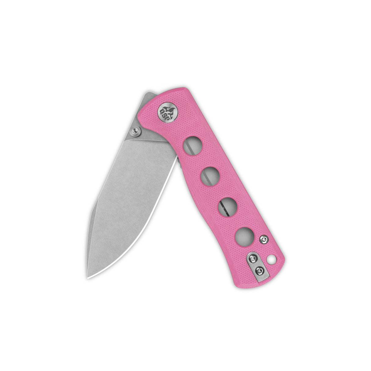 QSP Canary pocket knife with pink G10 handle and 14C28N blade, partially open.