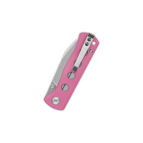 Closed QSP Canary pocket knife with pink G10 handle and stainless steel clip