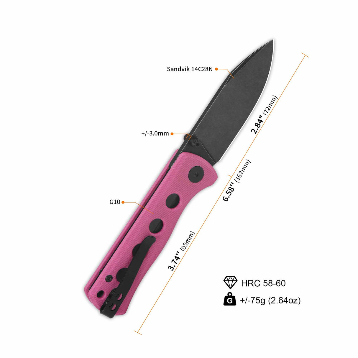 QSP Canary pocket knife with pink G10 handle and 14C28N blade specifications