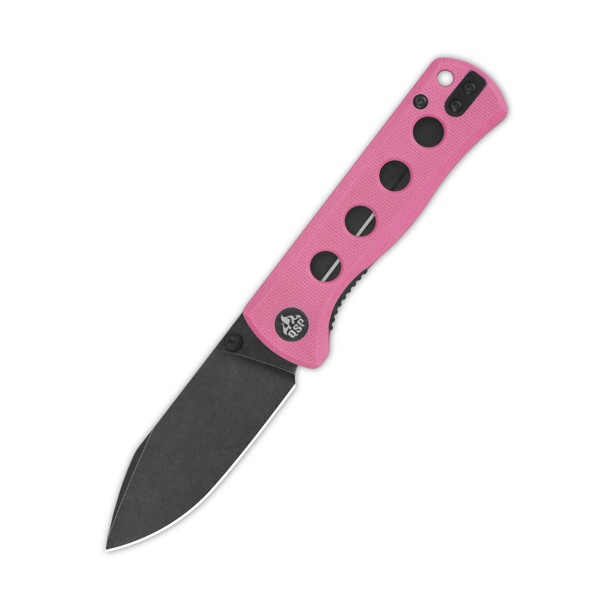 QSP Canary pocket knife with pink G10 handle and blacked-out 14C28N blade