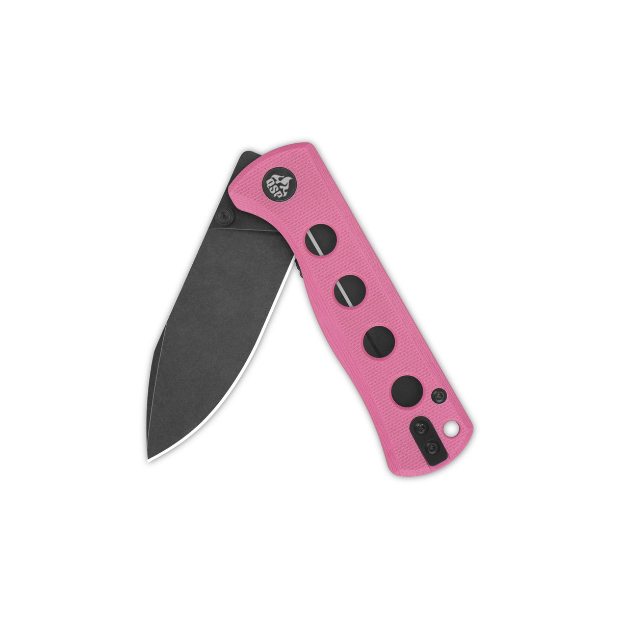 QSP Canary pocket knife with pink G10 handle and partially open black 14C28N blade.