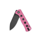 QSP Canary pocket knife with pink G10 handle and partially open black 14C28N blade.