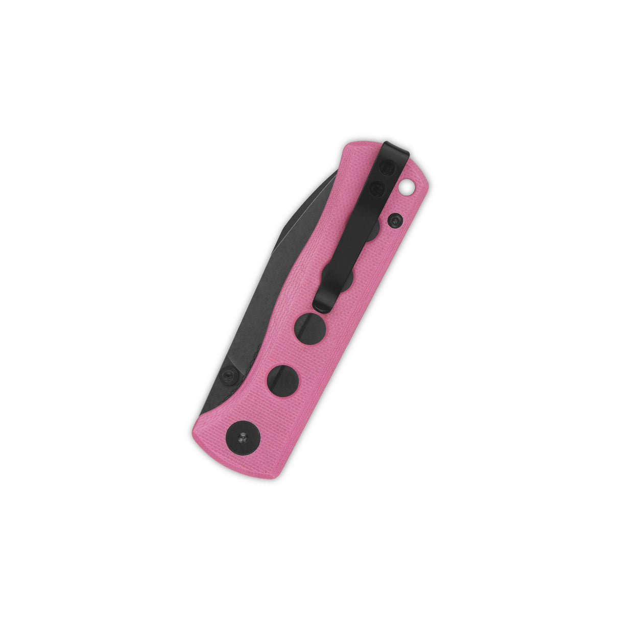 Closed QSP Canary pocket knife with pink G10 handle and black locking mechanism