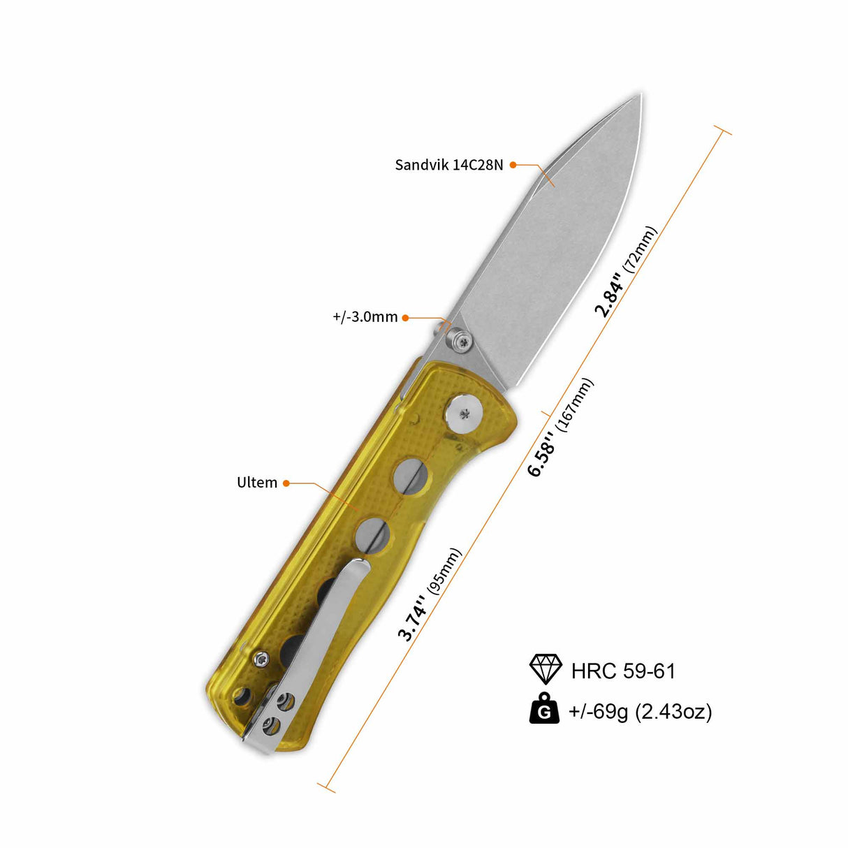 QSP Canary pocket knife with yellow Ultem handle, 14C28N blade and measurements