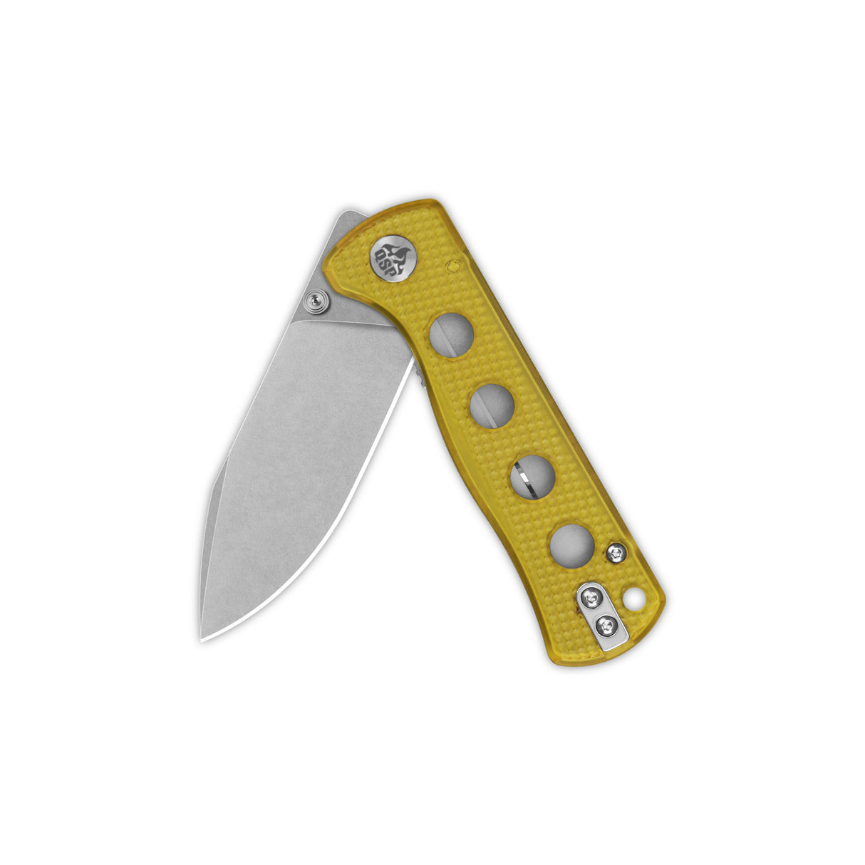 QSP Canary pocket knife featuring a yellow Ultem handle and a 14C28N blade.