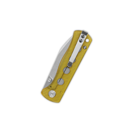 QSP Canary pocket knife with yellow Ultem handle and stainless steel clip