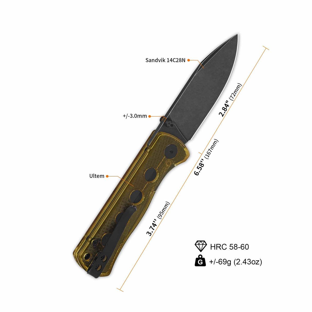 QSP Canary pocket knife with black 14C28N blade and yellow Ultem handle dimensions