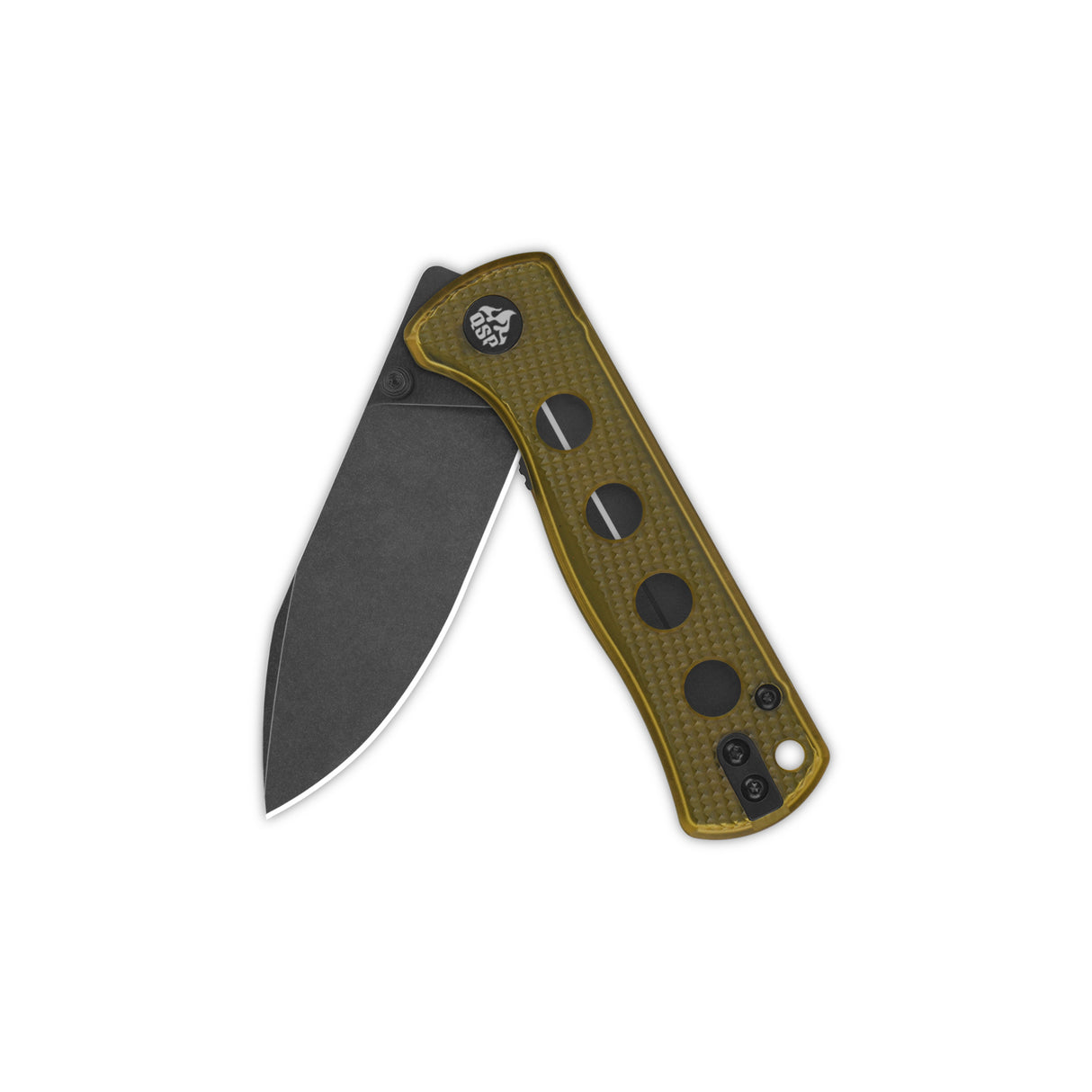 QSP Canary pocket knife with yellow Ultem handle and black-coated 14C28N blade.
