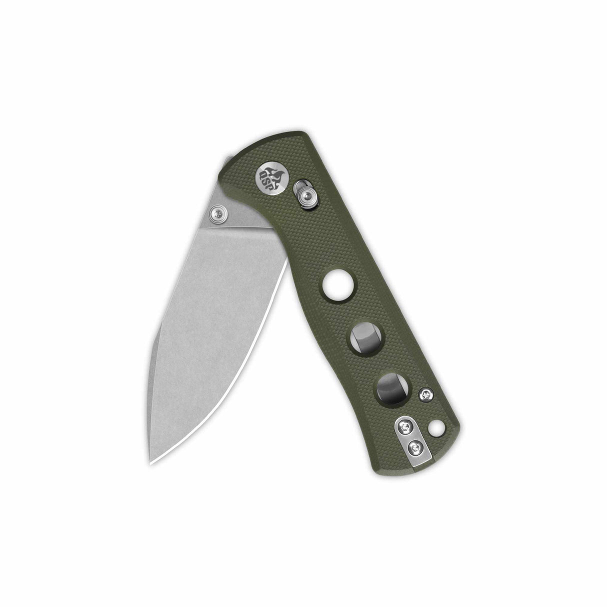 Partially open QSP Canary Glyde Lock pocket knife with olive green G10 handle