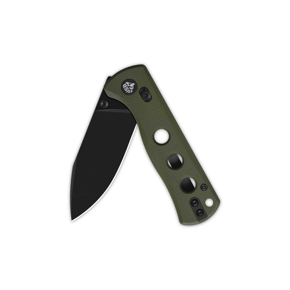 QSP Canary pocket knife with olive green G10 handle and black blade, folded