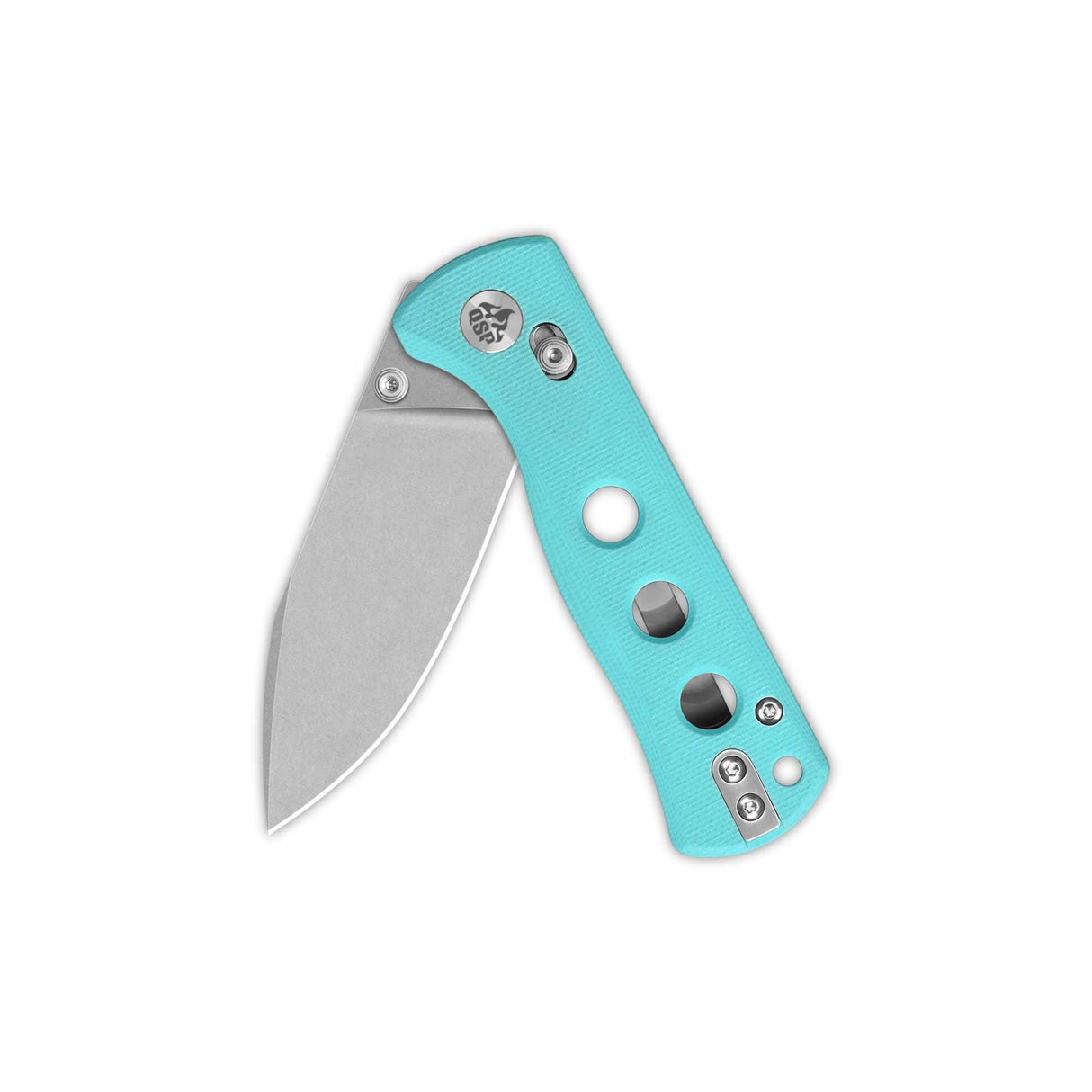 Canary pocket knife with Tiffany Blue G10 handle and 14C28N blade partially open
