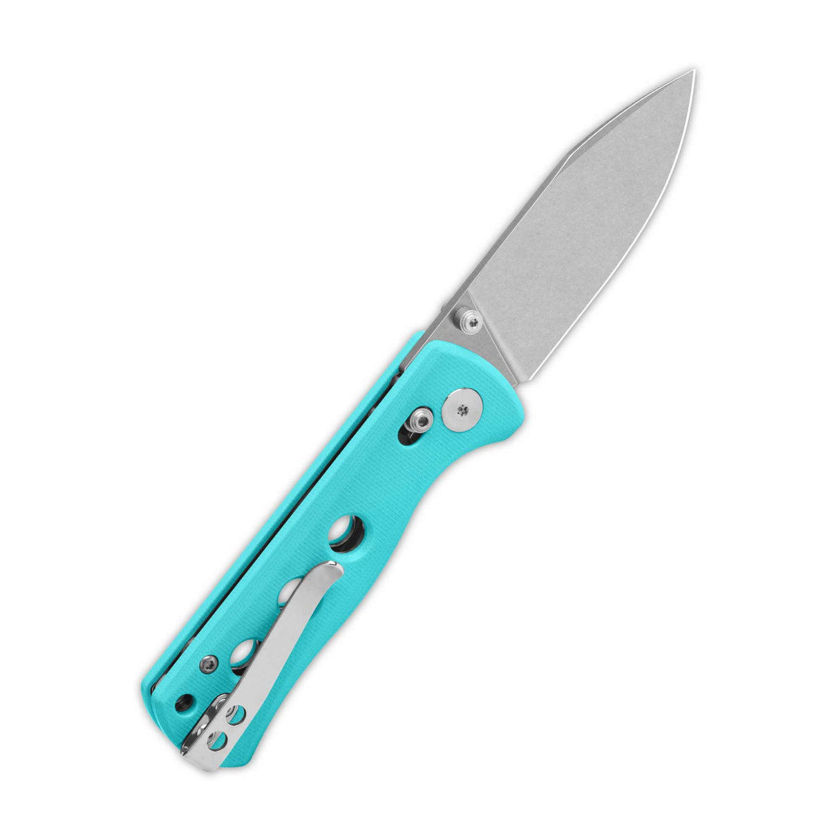 QSP Canary Glyde Lock Pocket Knife closed with Tiffany Blue handle and stainless steel clip