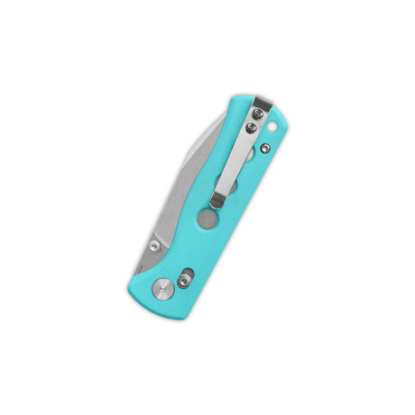 Closed QSP Canary pocket knife with Tiffany Blue G10 handle and stainless steel clip