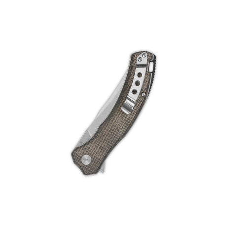QSP Walrus pocket knife closed, featuring dark brown micarta handle and stainless clip.