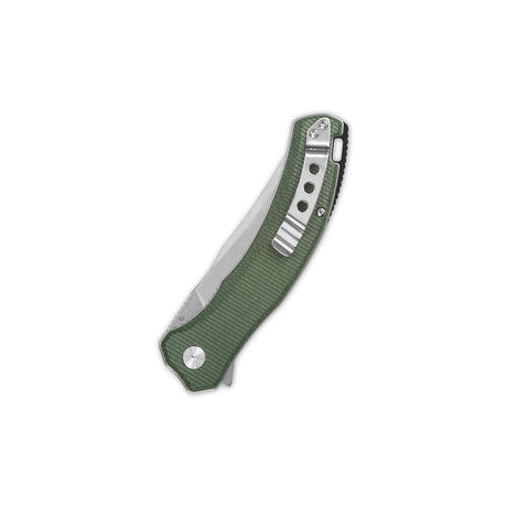 Side view of QSP Walrus pocket knife with D2 blade and green micarta grip.