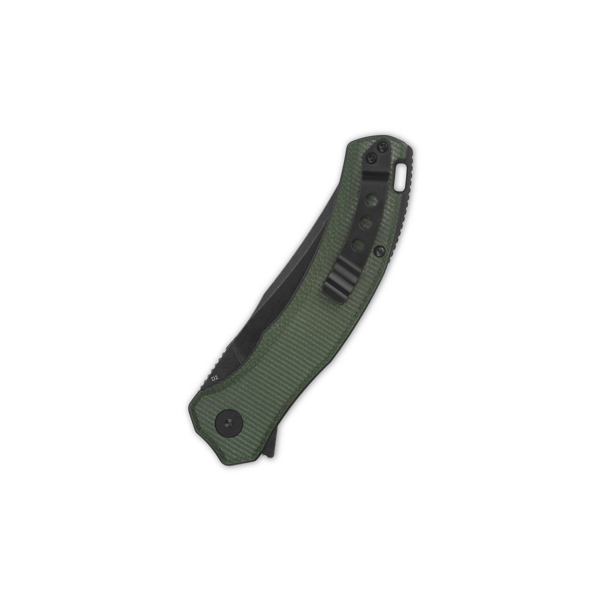 Side view of QSP Walrus pocket knife with green micarta handle and D2 blade