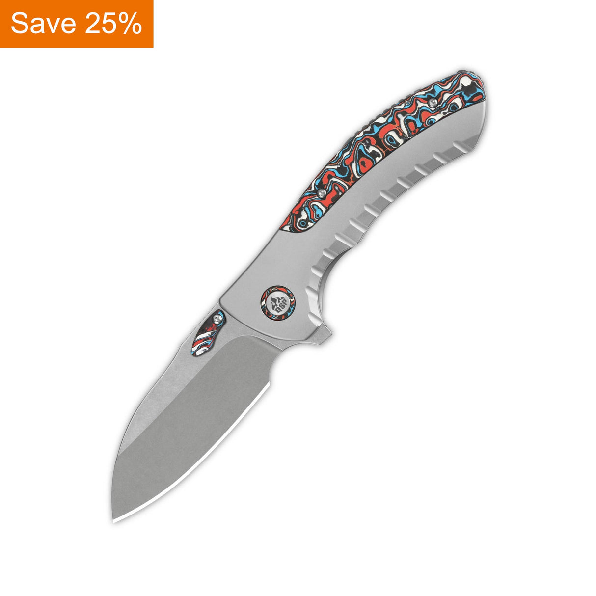 QSP Capybara Frame Lock Pocket Knife Böhler M390 Blade Ti Handle with Red Blue camo Carbon Fiber inlay