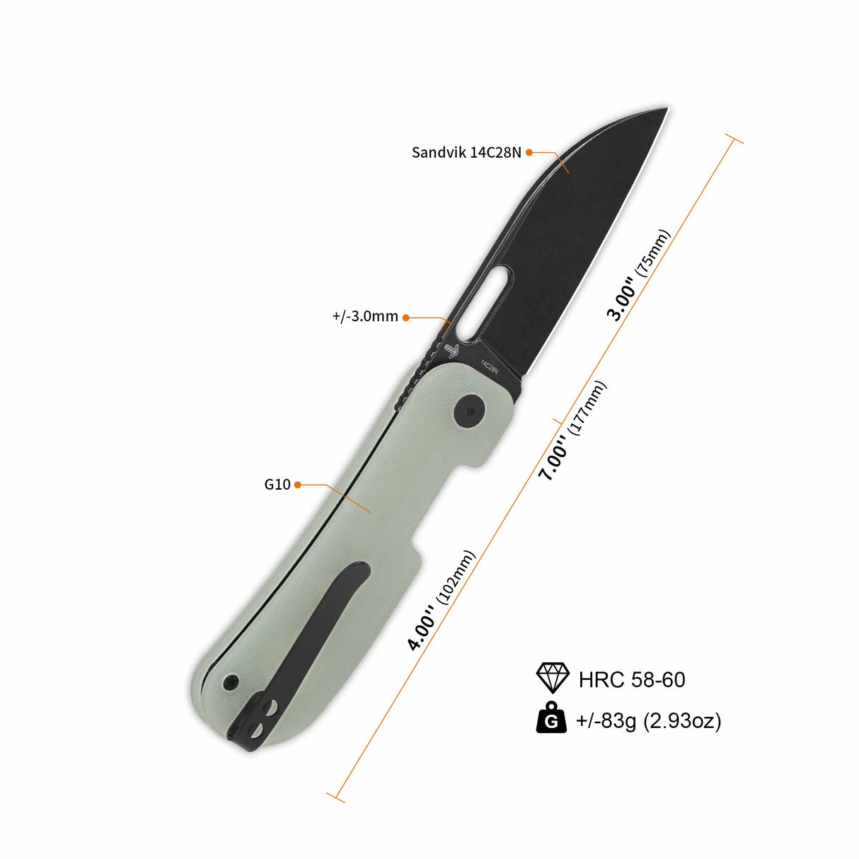 QSP Variant PE pocket knife with Sandvik 14C28N blade and G10 handle specifications.