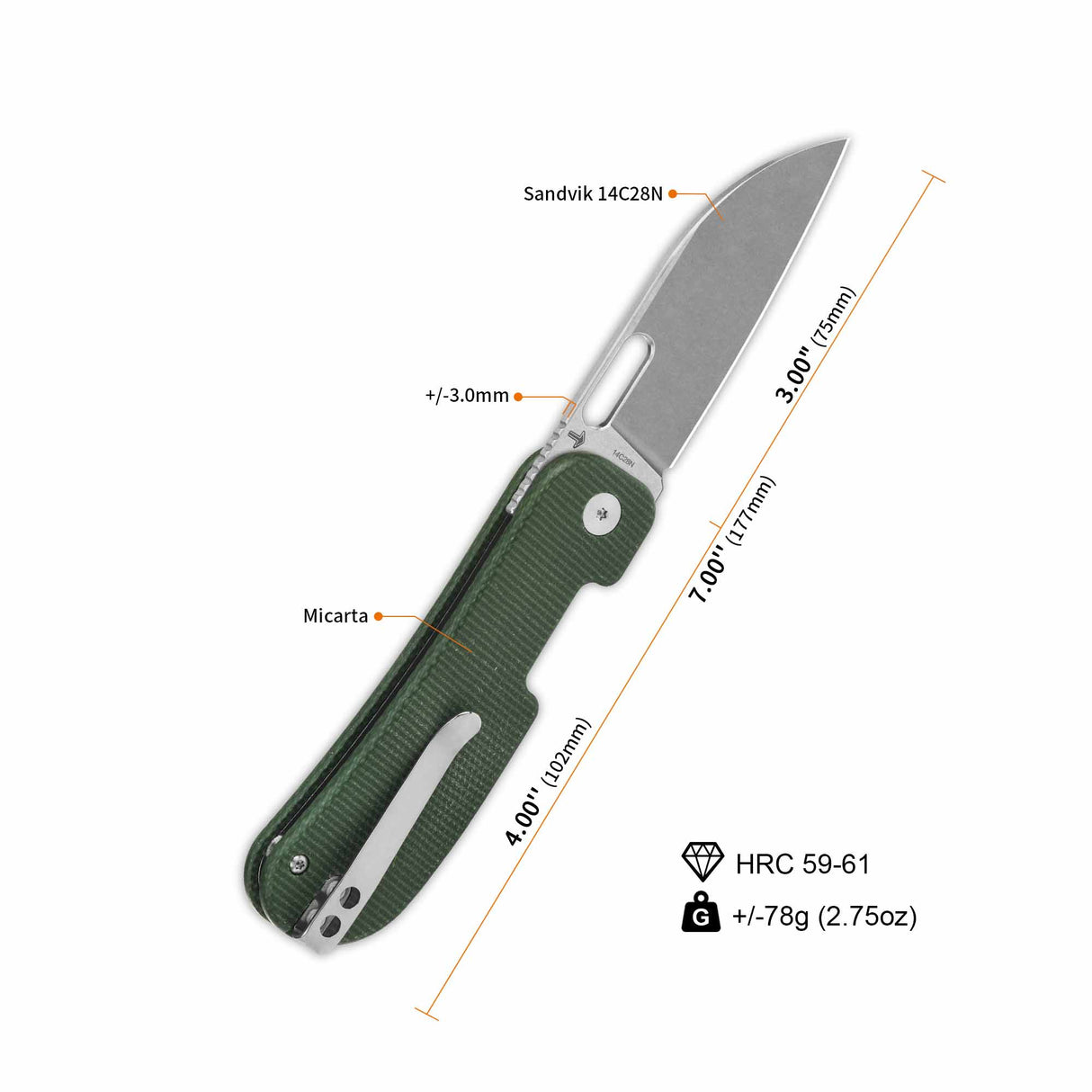 QSP Variant PE pocket knife with green micarta handle and stonewashed 14C28N blade