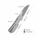 QSP Variant PE pocket knife, Sandvik 14C28N blade, titanium handle, dimensions labeled.