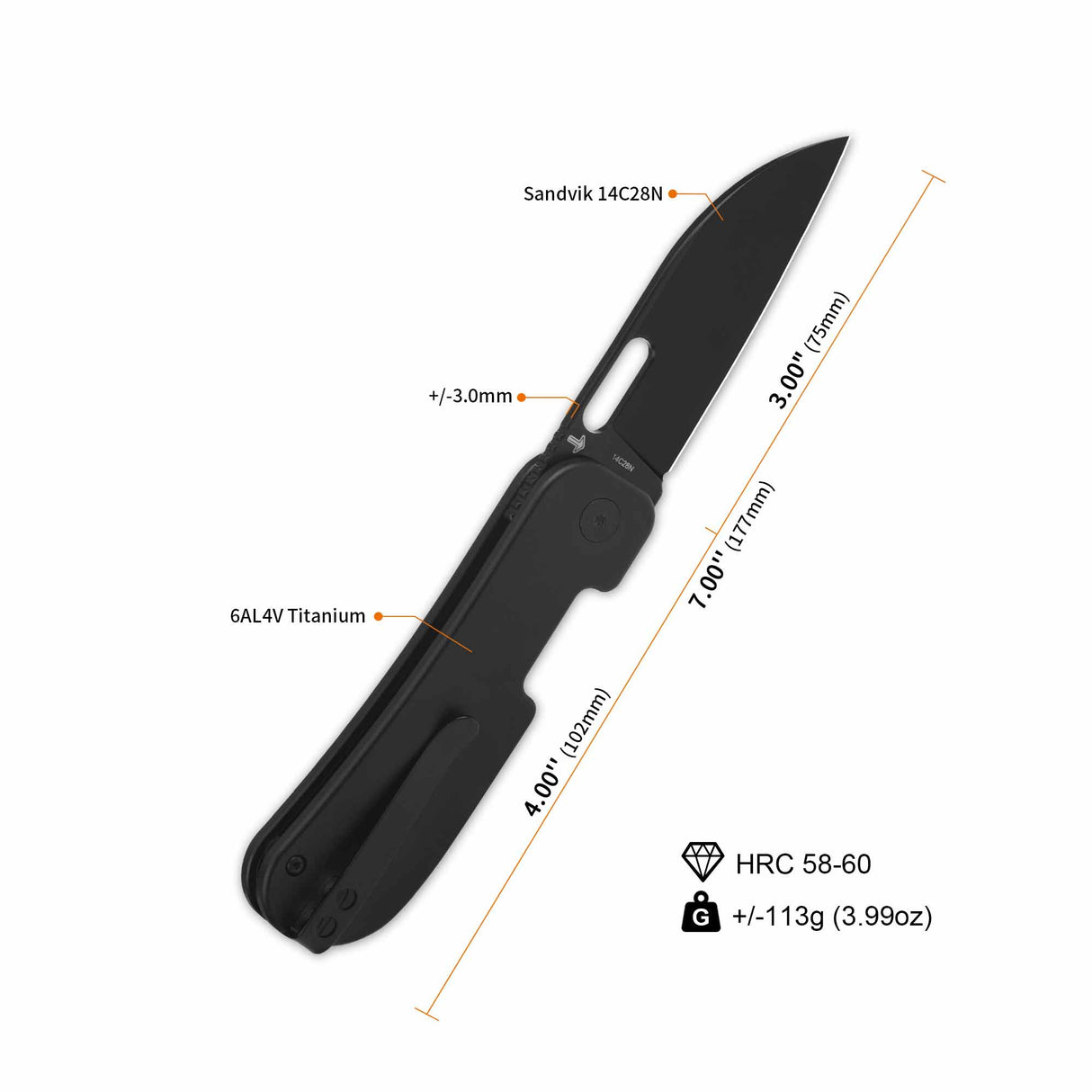QSP Variant PE pocket knife with titanium handle and sheepsfoot blade dimensions.